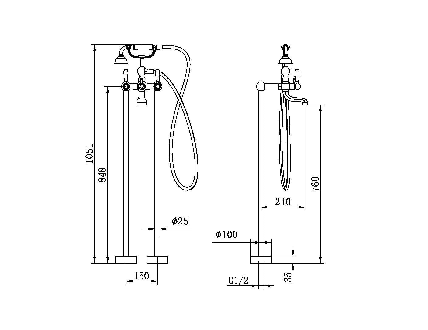 Nero York Freestanding Bath Set with White Porcelain Hand Shower - Brushed Nickel