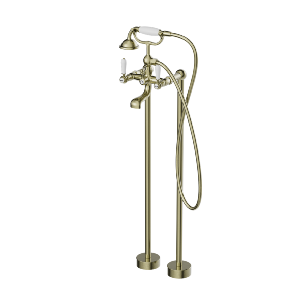 Nero York Freestanding Bath Set with White Porcelain Hand Shower -Aged Brass