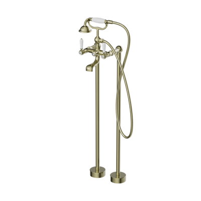 Nero York Freestanding Bath Set with White Porcelain Hand Shower -Aged Brass