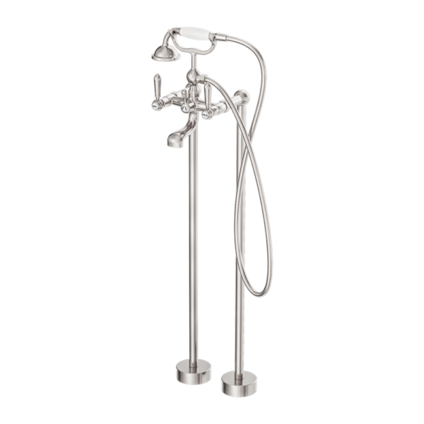 Nero York Freestanding Bath Set with White Porcelain Hand Shower - Brushed Nickel