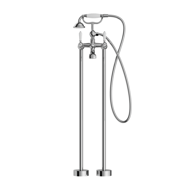 Nero York Freestanding Bath Set with White Porcelain Hand Shower - Chrome