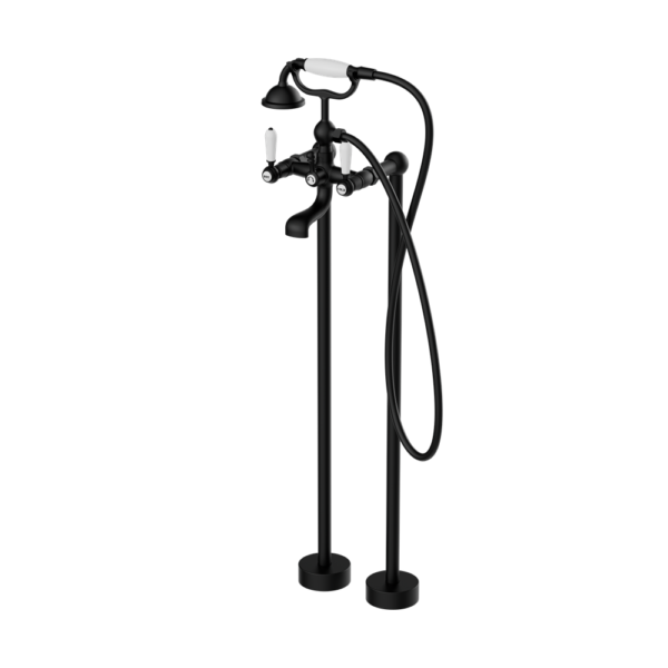 Nero York Freestanding Bath Set with White Porcelain Hand Shower - Matte Black
