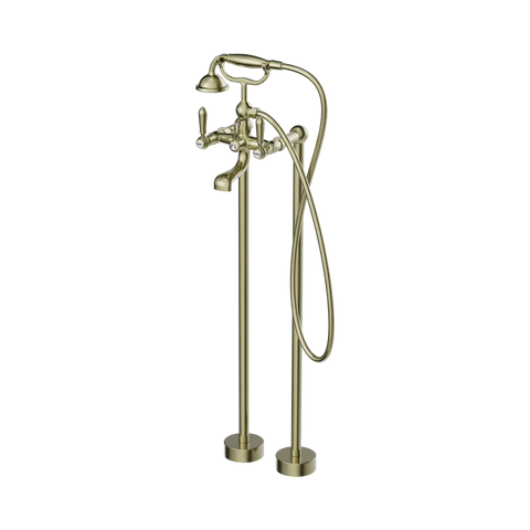 Nero York Freestanding Bath Set With Metal Hand Shower - Aged Brass