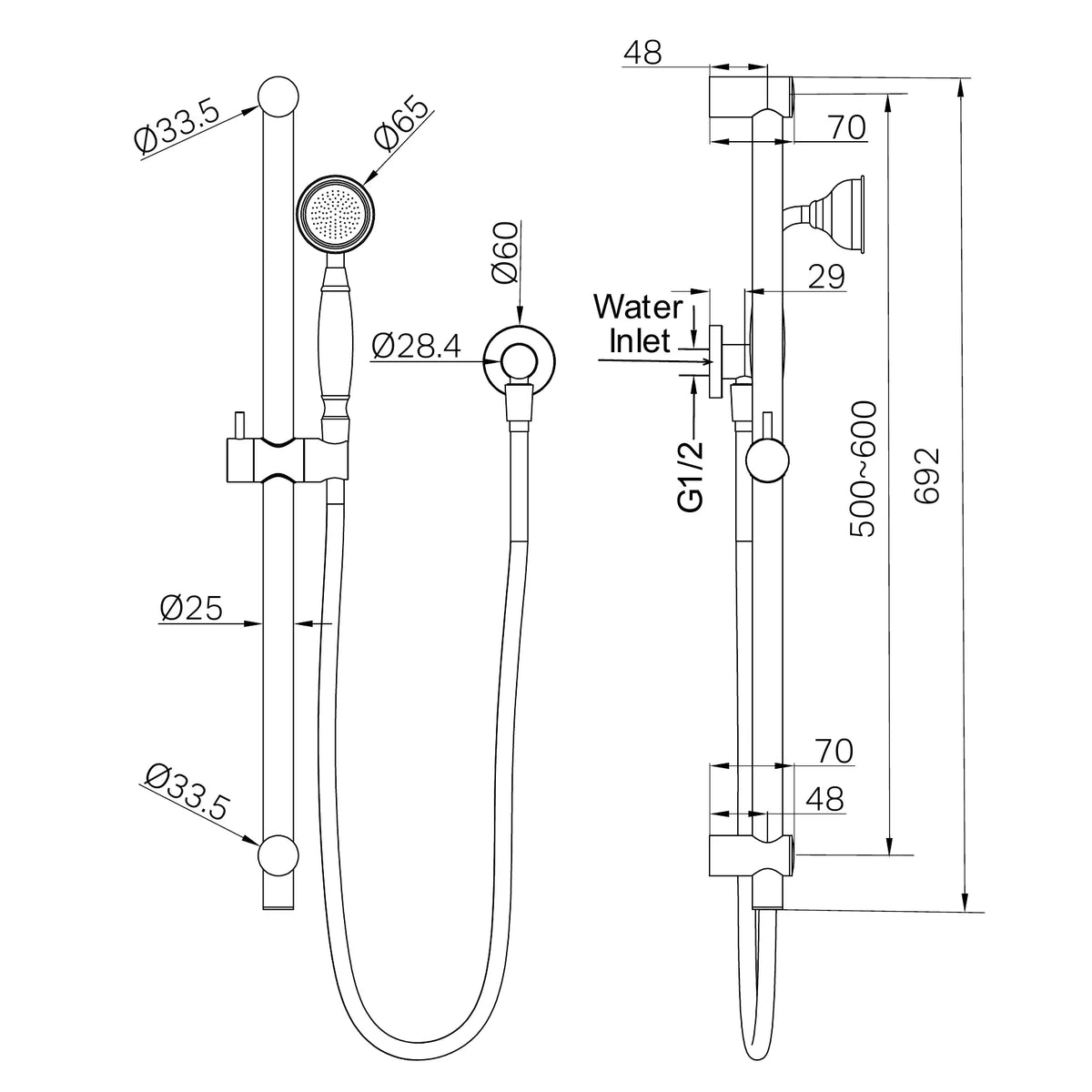 Nero York Shower Rail With Metal Hand Shower technical drawing