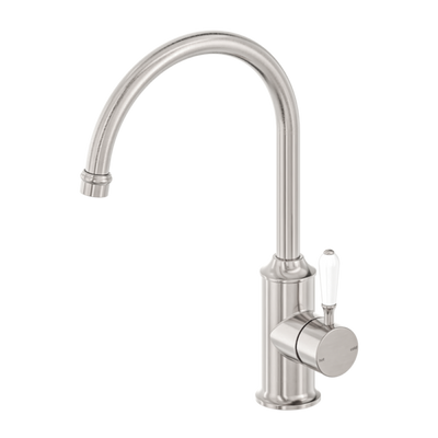 Nero York Kitchen Mixer Gooseneck Spout with White Porcelain Lever - Brushed Nickel