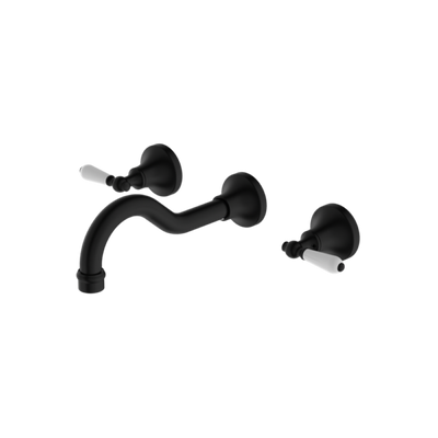 York Wall Basin Set with White Porcelain Lever - Matte Black