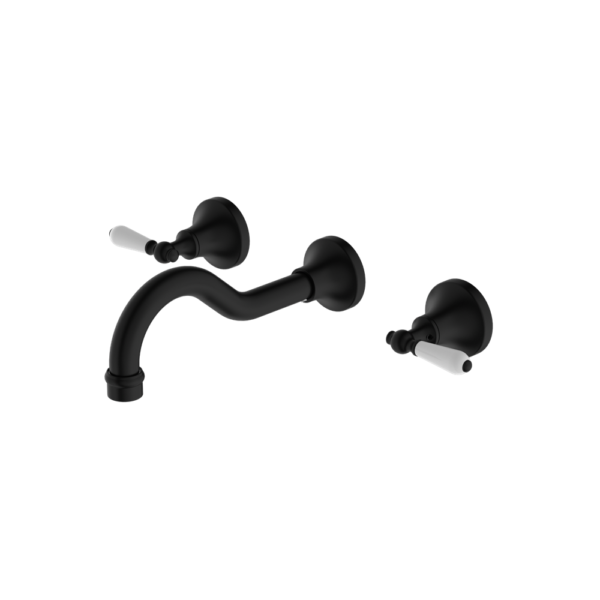 York Wall Basin Set with White Porcelain Lever - Matte Black