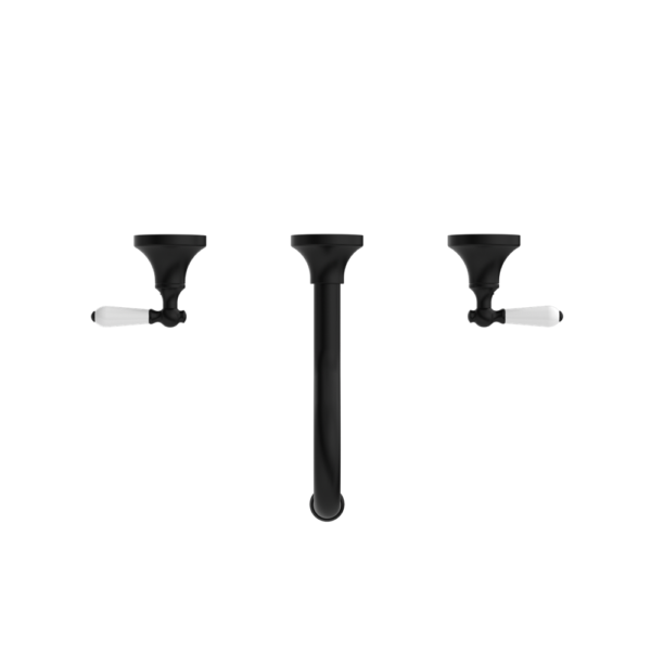 York Wall Basin Set with White Porcelain Lever - Matte Black