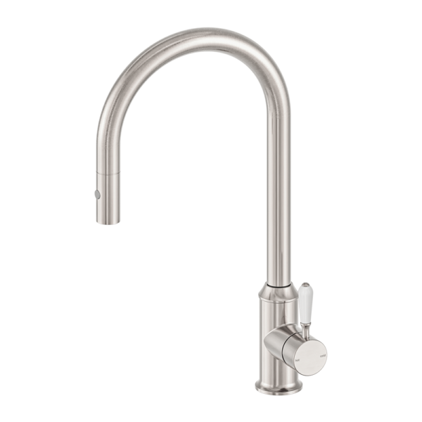 Nero York Pull Out Sink Mixer with Vegie Spray Function with White Porcelain Lever - Brushed Nickel