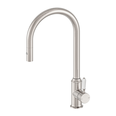 Nero York Pull Out Sink Mixer with Vegie Spray Function with White Porcelain Lever - Brushed Nickel