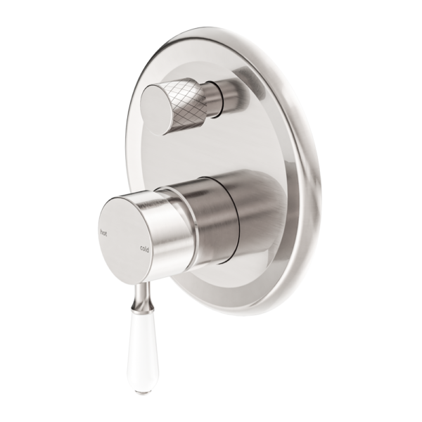 Nero York Shower Mixer with Divertor with White Porcelain Lever - Brushed Nickel