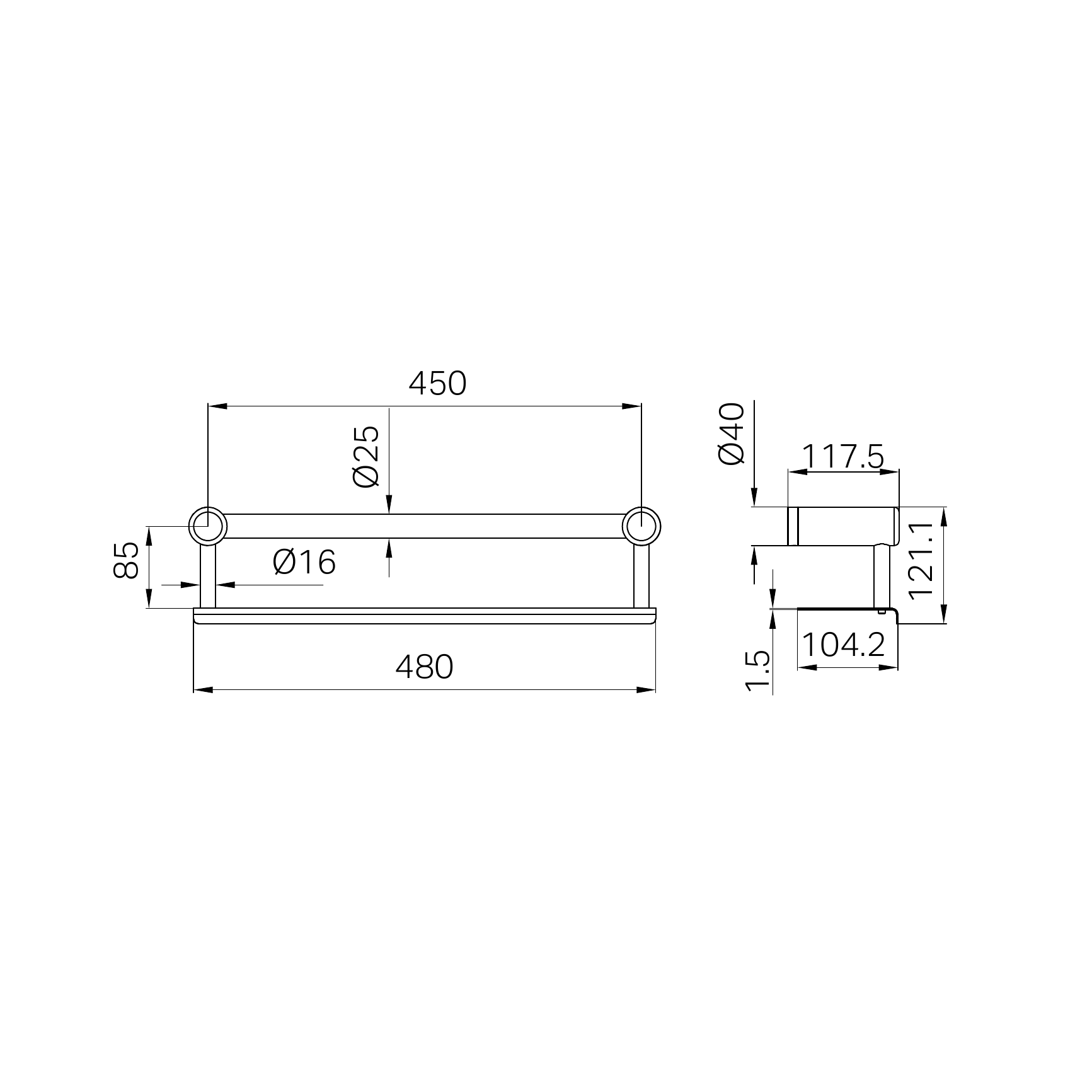 Nero Mecca Care 25mm Grab Rail With Shelf 450mm Brushed Nickel