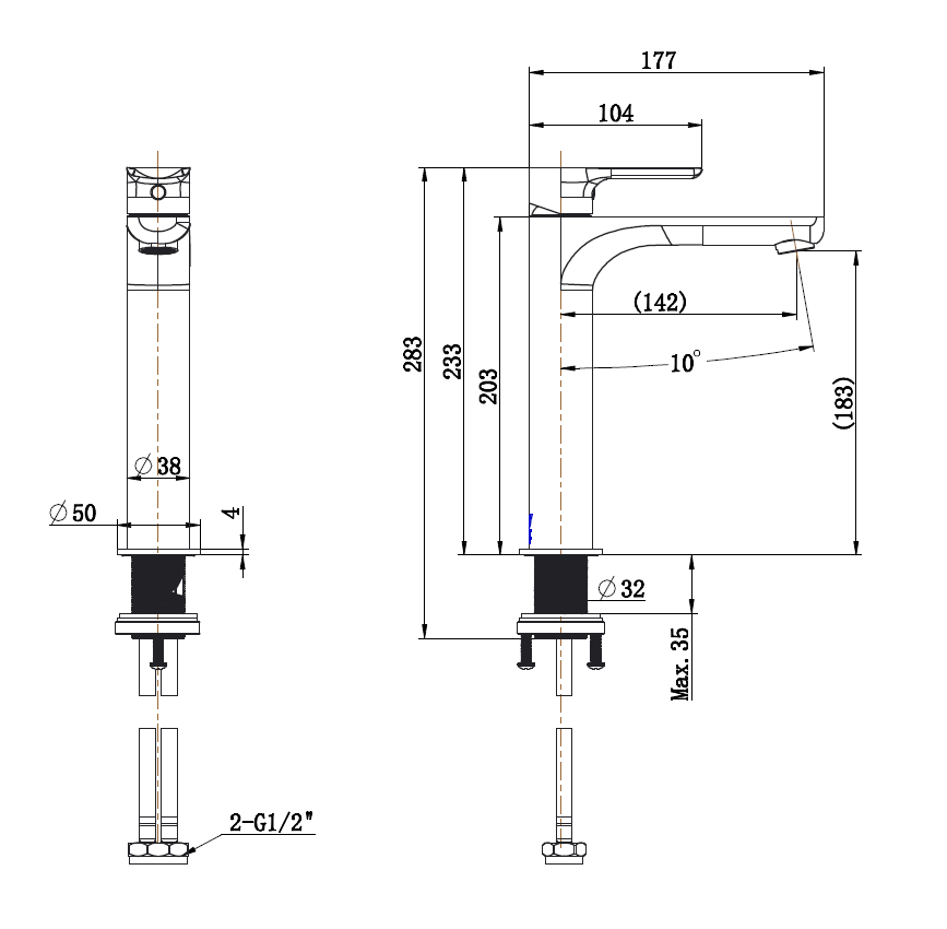 Nova Mid Rise Basin Mixer - Line Drawing