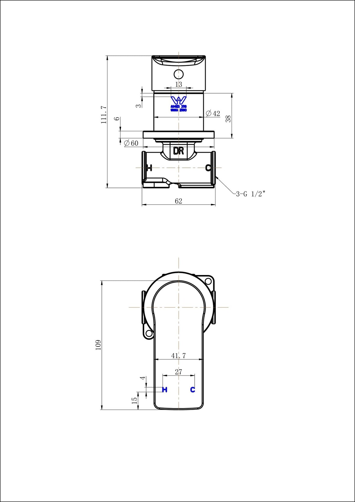 Nova Shower Mixer - Line Drawing