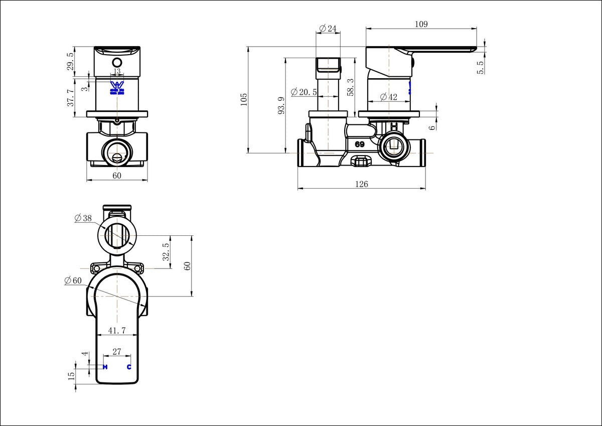 Nova Shower Diverter - Line Drawing