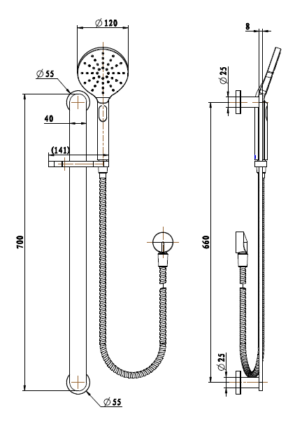Nova Shower on Rail - Line Drawing