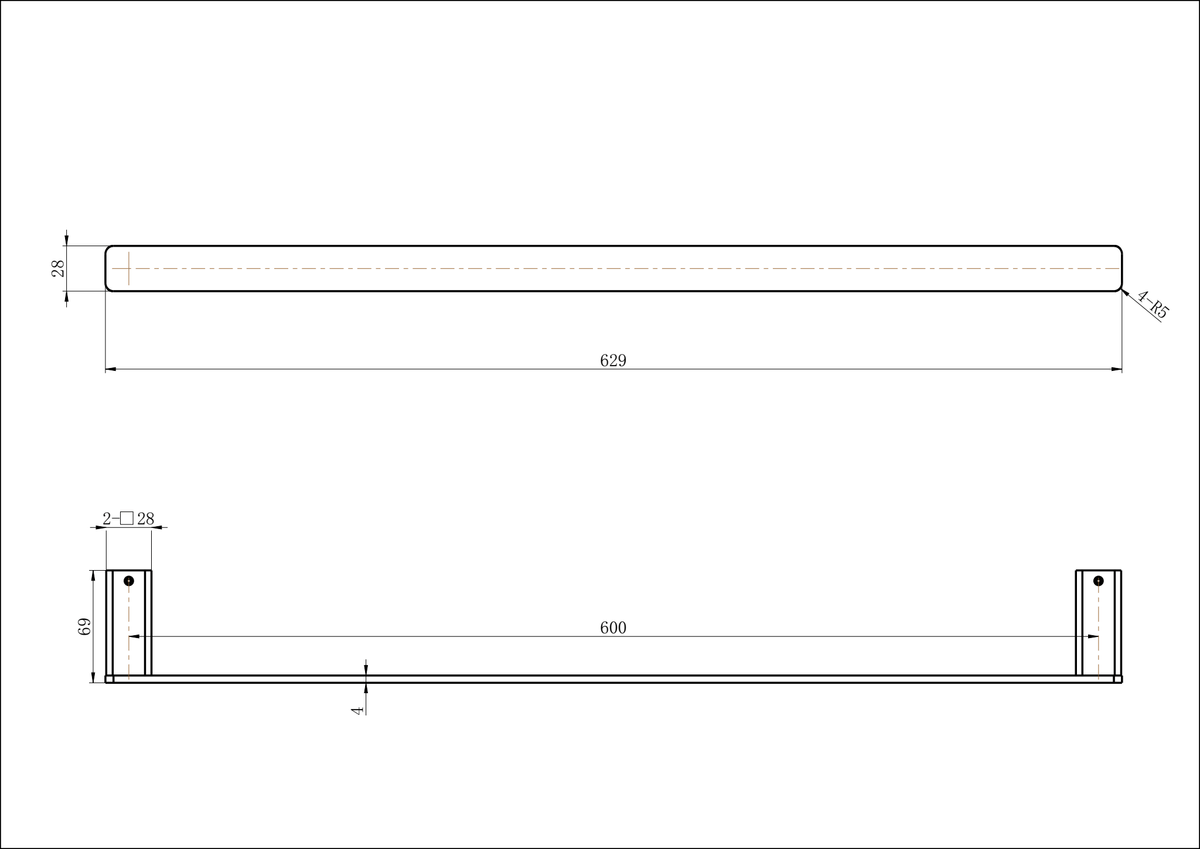 Nova Single Towel Rail 600mm - Line Drawing