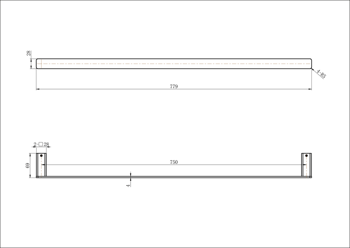 Nova Single Towel Rail 750mm - Line Drawing