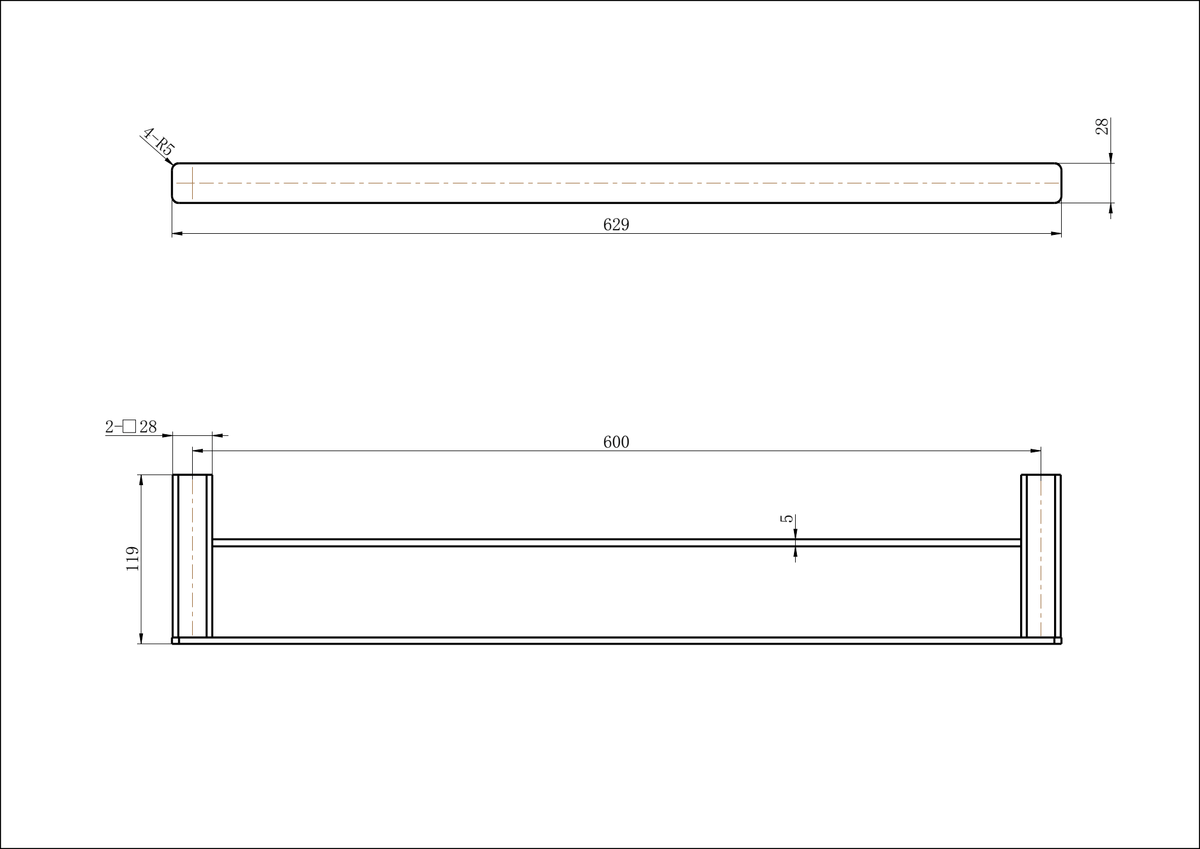 Nova Double Towel Rail 600mm - Line Drawing