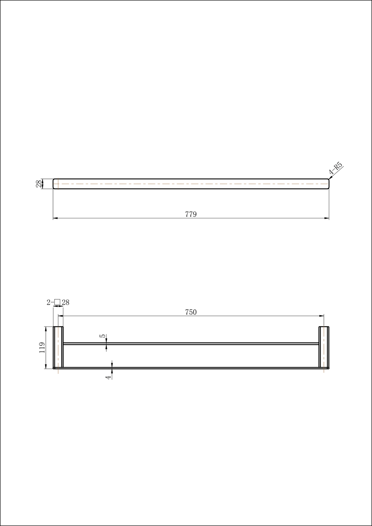 Nova Double Towel Rail 750mm - Line Drawing