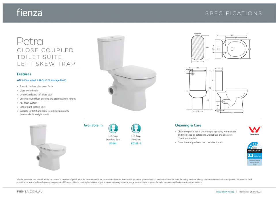 Fienza Petra Close Coupled Toilet Suite Left Skew Trap Gloss White