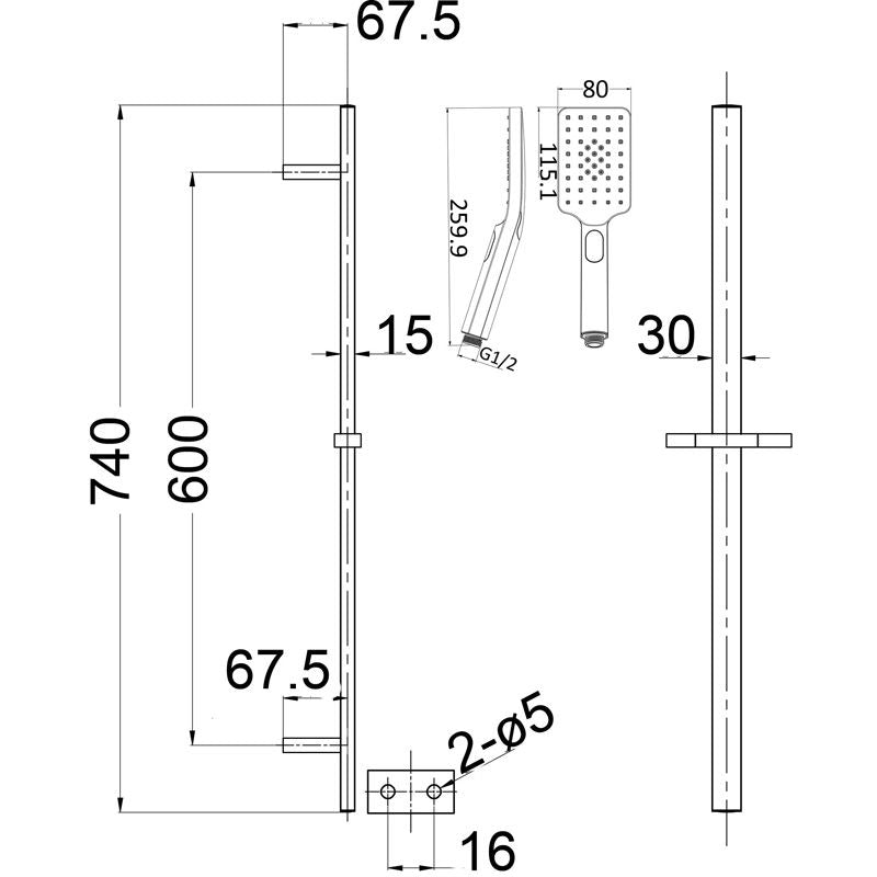 Bella Vista Cresta Single Shower Rail - Chrome - Specifications