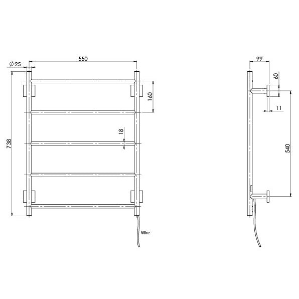 Phoenix Radii Heated Towel Ladder 550 x 740mm Sqaure Plate Brushed Nickel