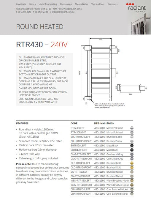 Radiant 240V Heated Round Ladder 430 x 1100 Brushed Satin