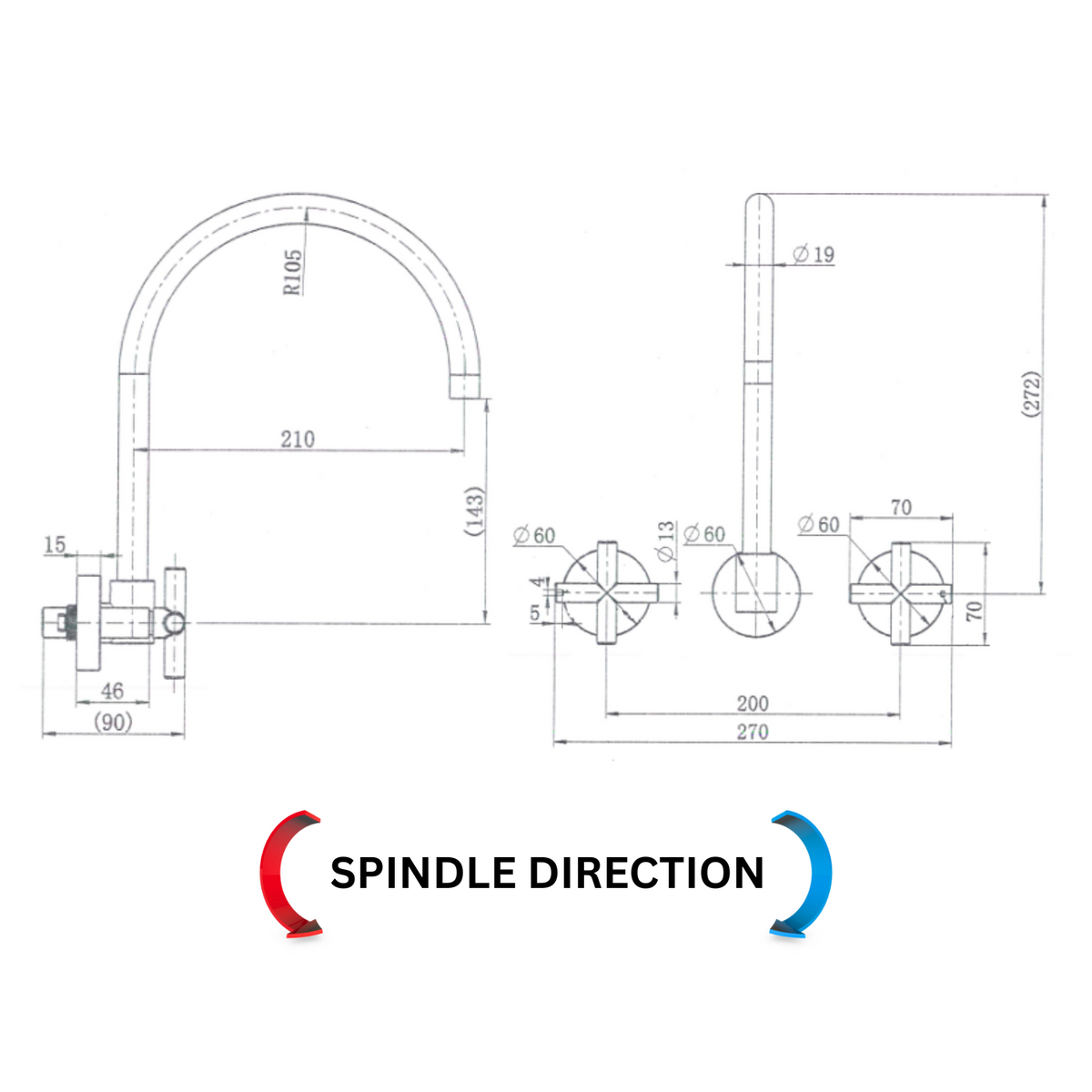 Ryker Wall Sink Set 1/4 Turn - Line Drawing