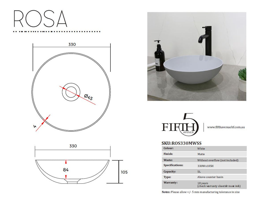 Fifth Avenue Rosa Solid Surface Basin 330mm