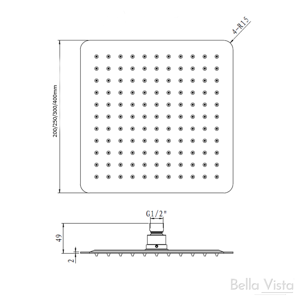 Bella Vista Cresta Shower Head – 250mm - Brushed Nickel - Specifications