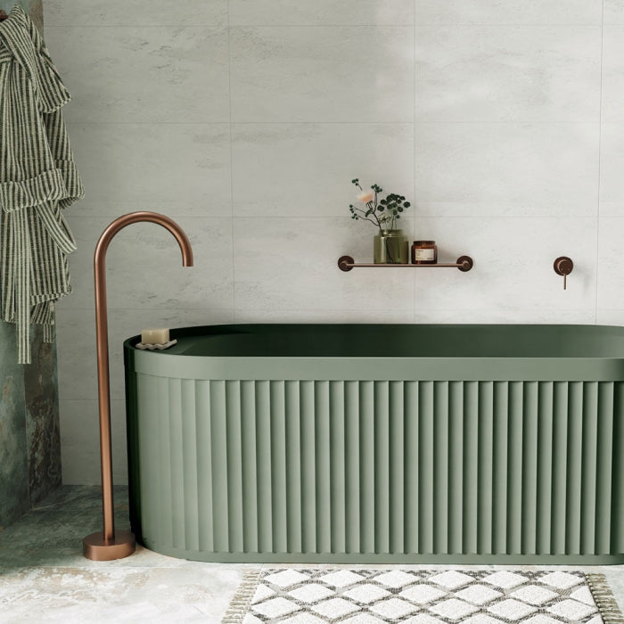 Gooseneck Floor Mounted Bath Outlet, Kaya Brushed Copper