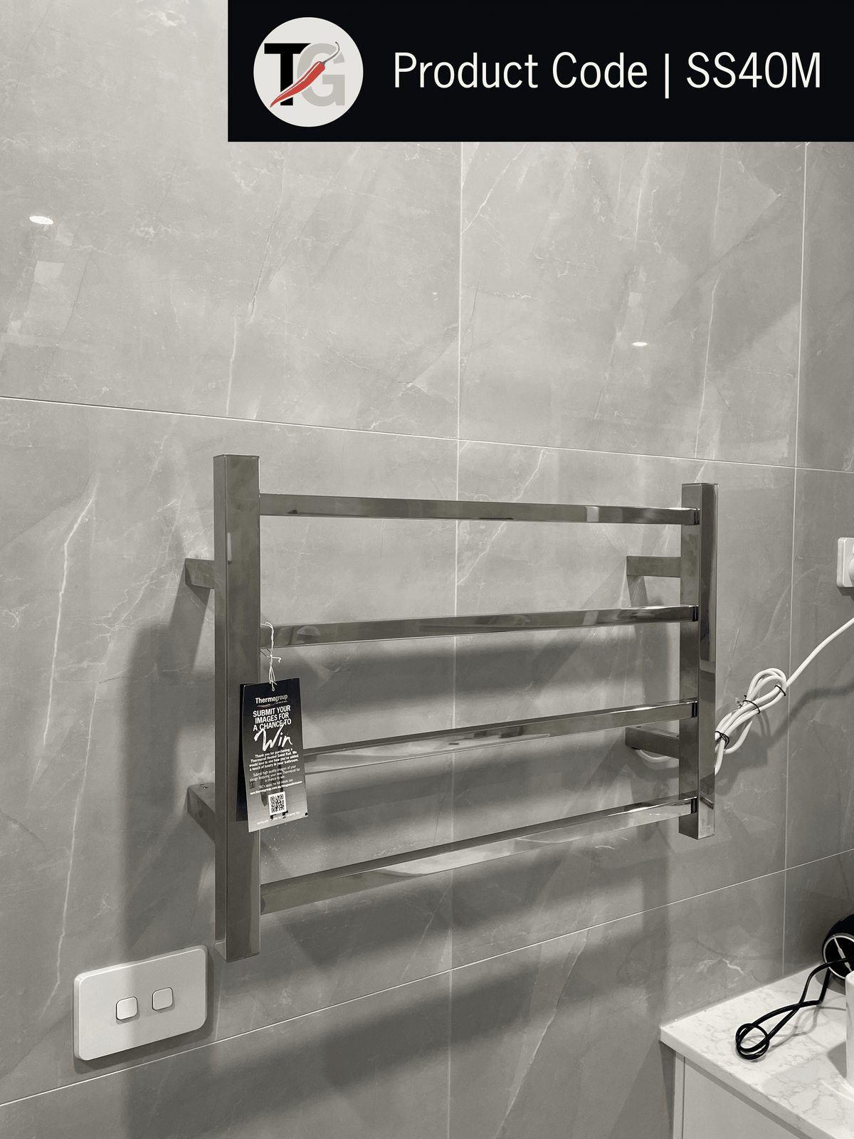 Thermogroup Thermorail 240V Straight Square Ladder Heated Towel Rail Polished Stainless Steel