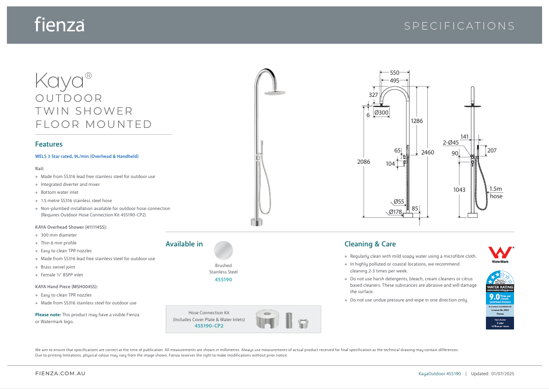 Fienza Kaya Floor Mounted Outdoor Twin Shower, Brushed Stainless Steel
