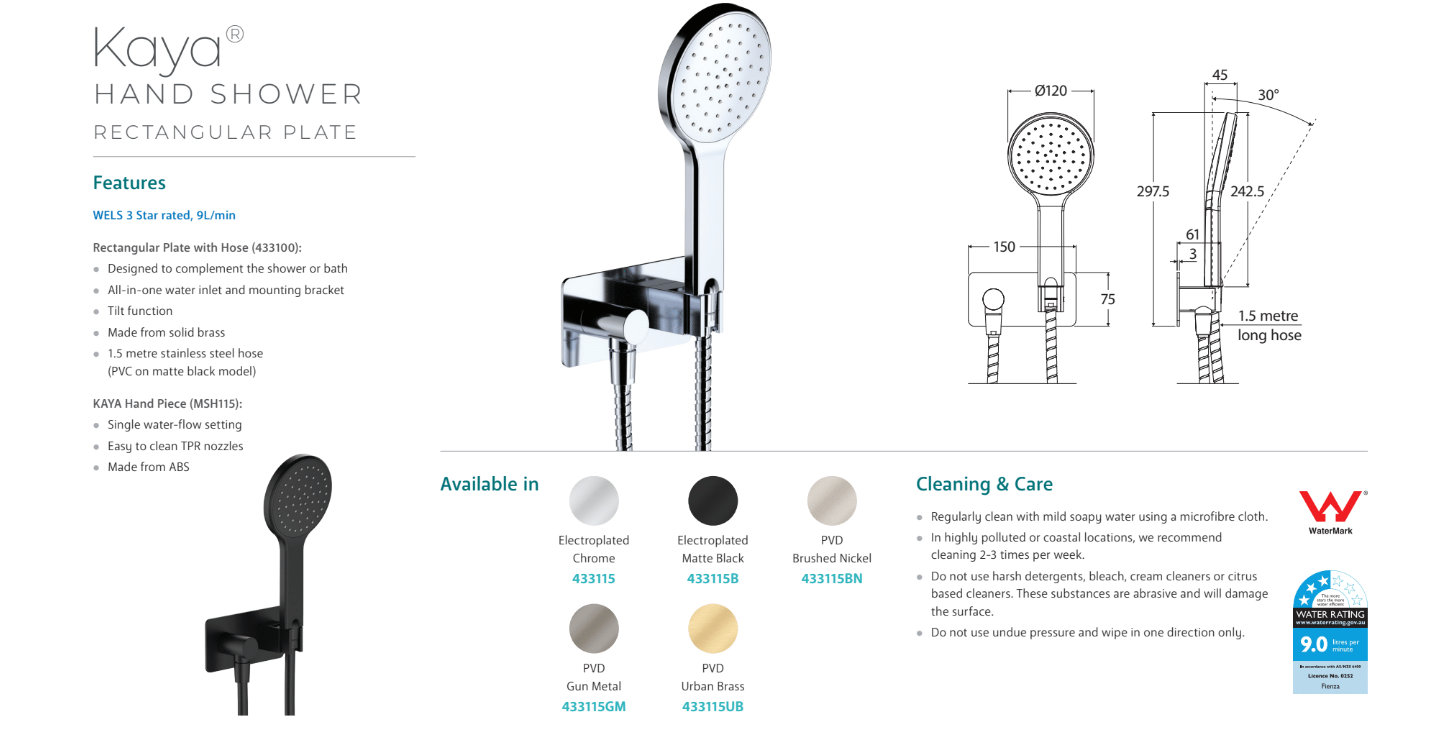 Fienza Kaya Hand Shower, Rectangular Plate, Chrome
