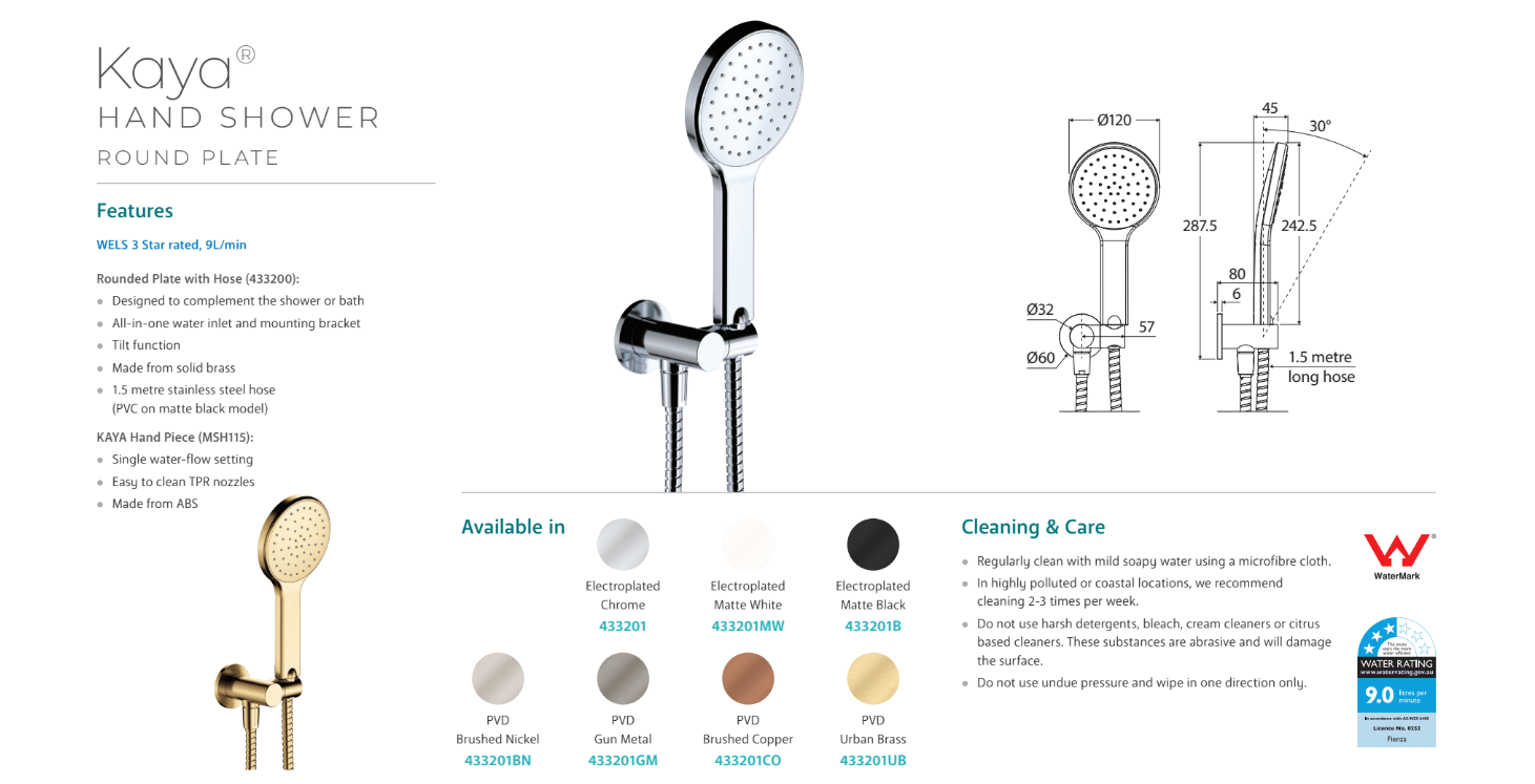 Fienza Kaya Hand Shower, Round Plate, Chrome