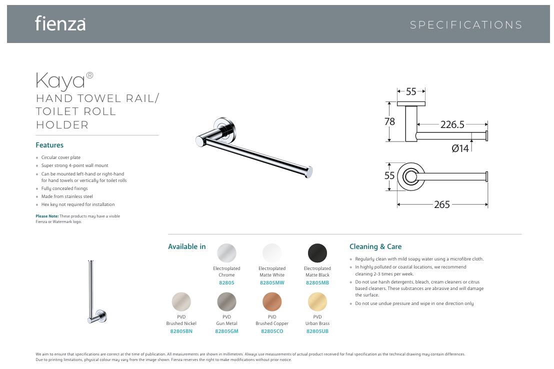 Fienza Kaya Hand Towel Rail / Toilet Roll Holder, Gun Metal