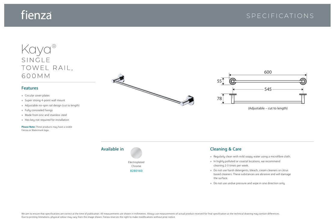 Fienza Kaya Single Towel Rail, 600mm, Chrome