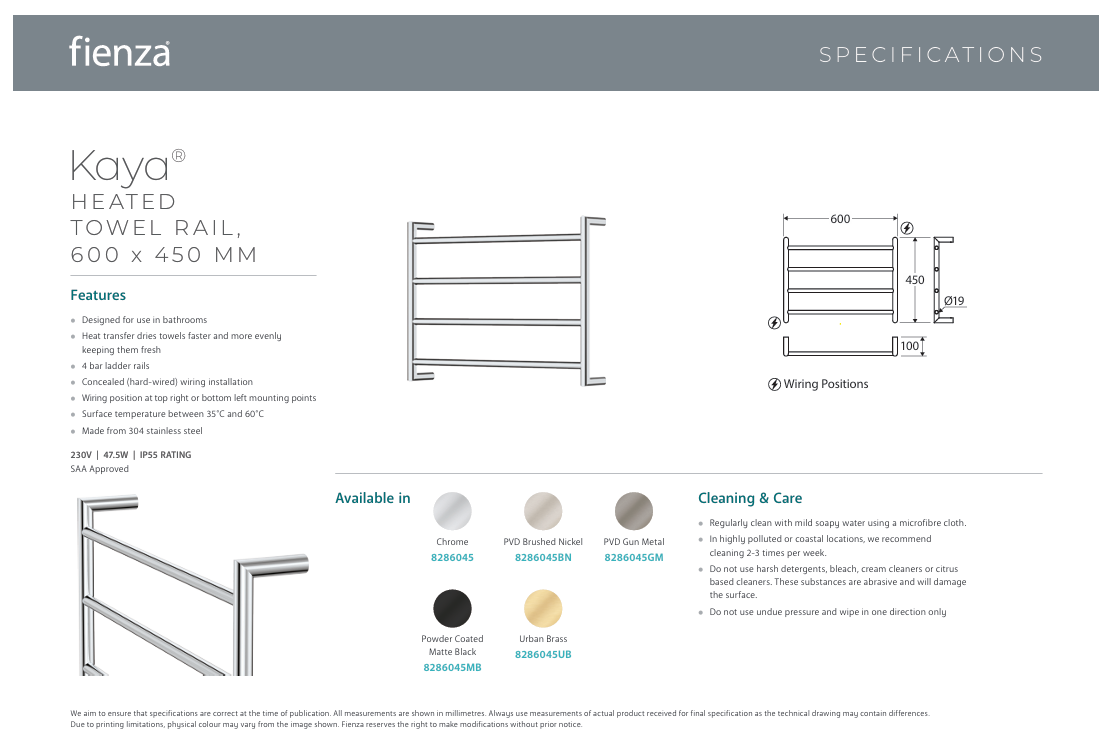 Fienza Kaya Heated Towel Rail, 600 x 450mm, Chrome
