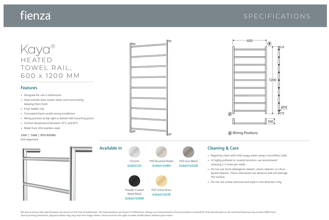 Fienza Kaya Heated Towel Rail, 600 x 1200mm, Urban Brass