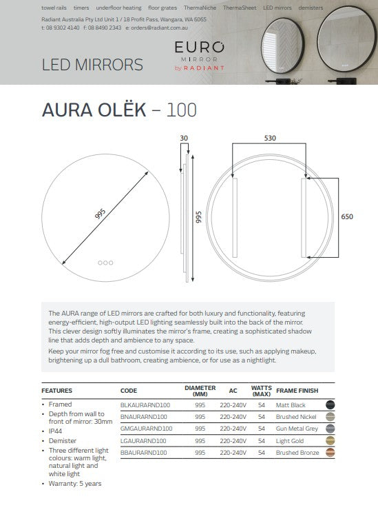 Radiant Aura Brushed Bronze Round LED Mirror 995mm