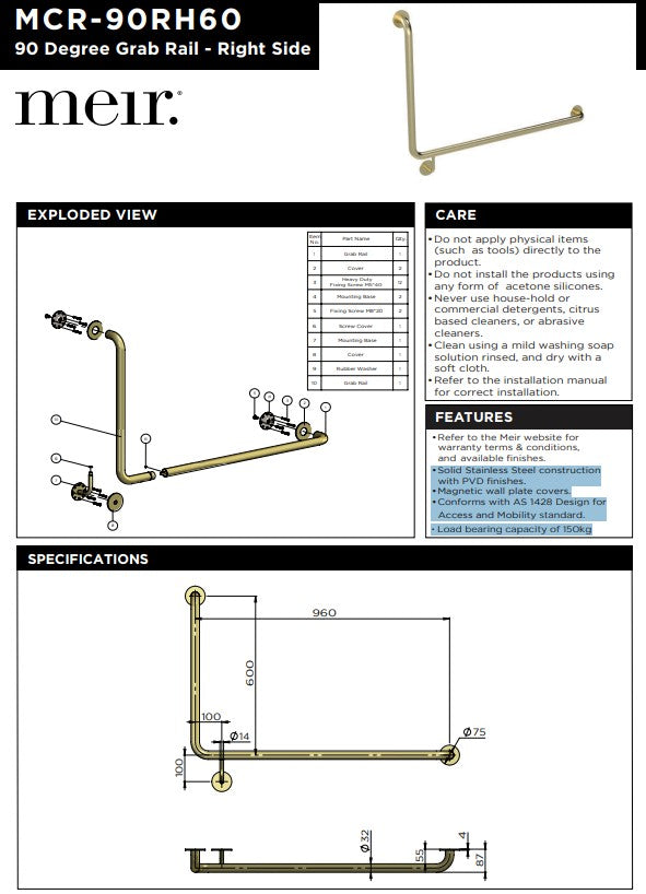Meir Mobility 90 Degree Right Side Grab Rail 600mm Tiger Bronze