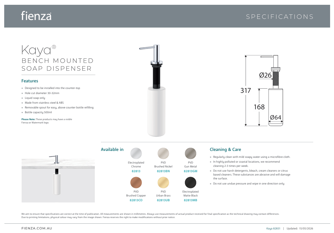 Fienza Kaya Bench Mounted Soap Dispenser, Chrome