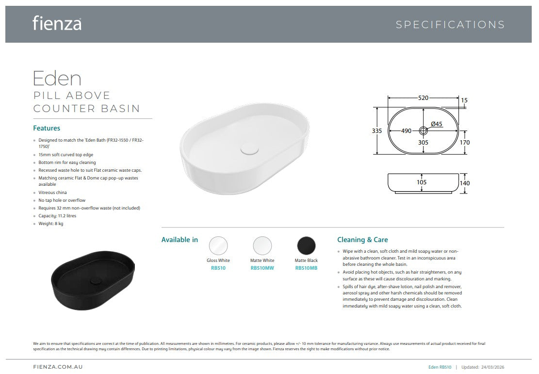 Fienza Eden Pill Above Counter Basin Matte White