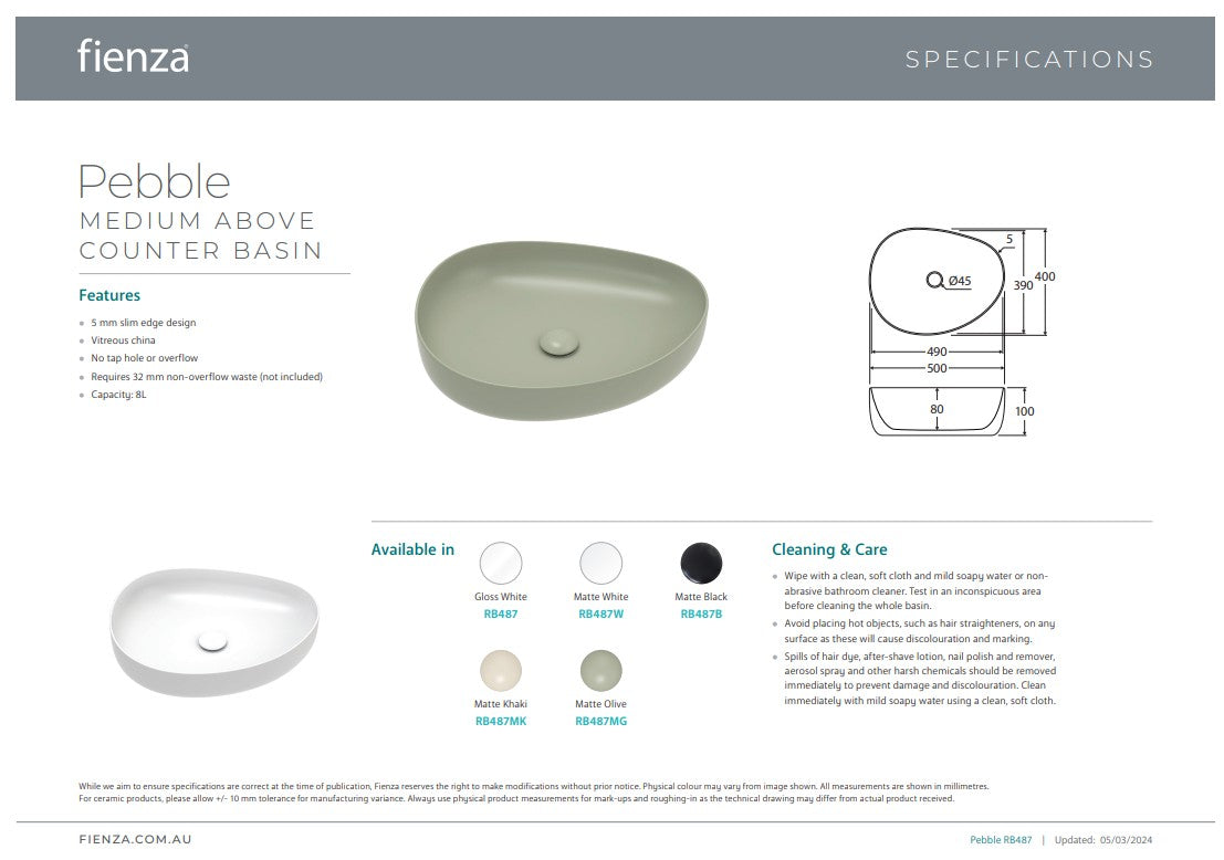 Fienza Pebble Medium Above Counter Basin Gloss White