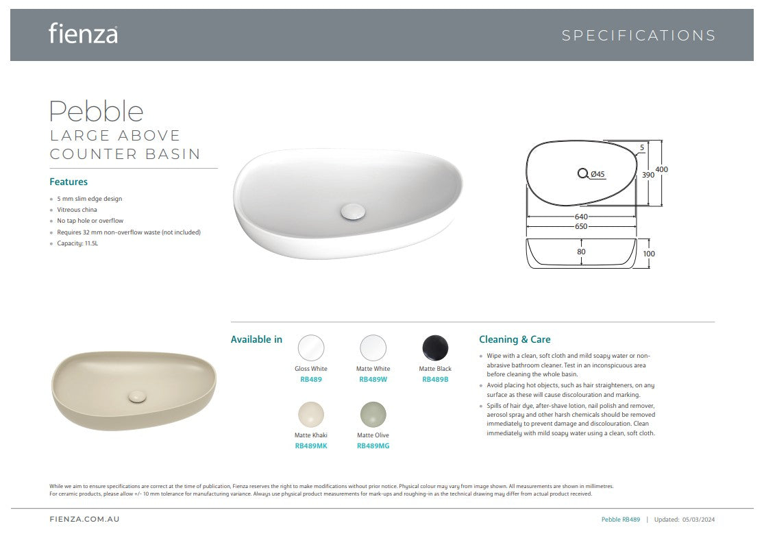 Fienza Pebble Large Above Counter Basin Matte Black