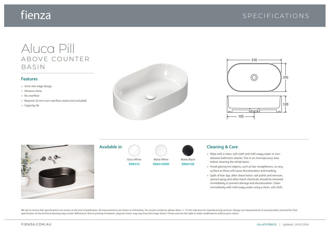 Fienza Aluca Pill Above Counter Basin Matte White