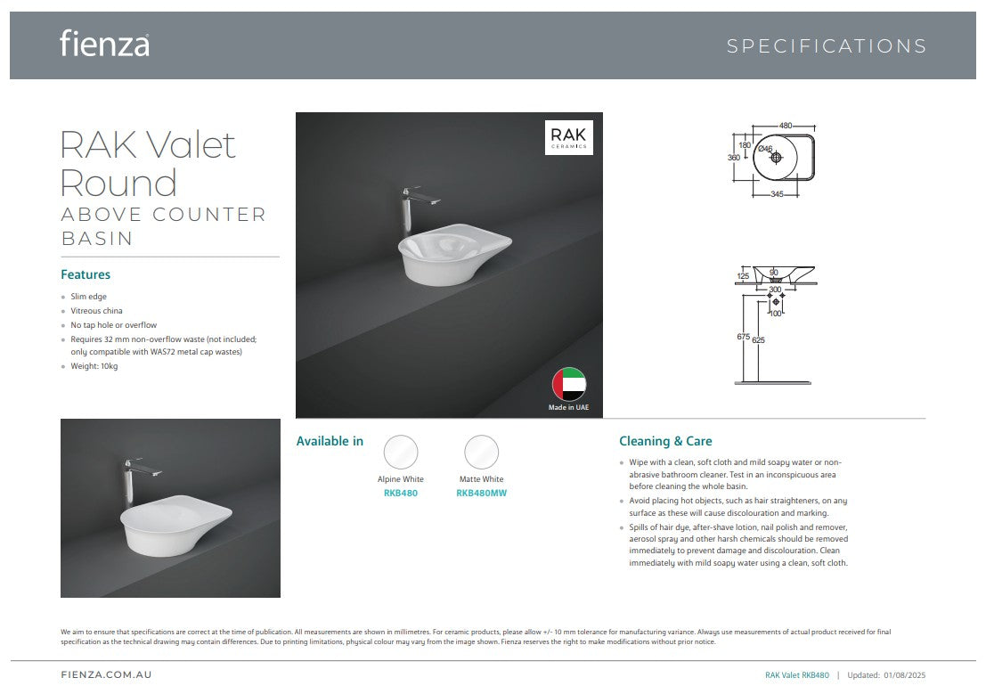 Fienza RAK Valet Round Above Counter Basin Alpine Matte White