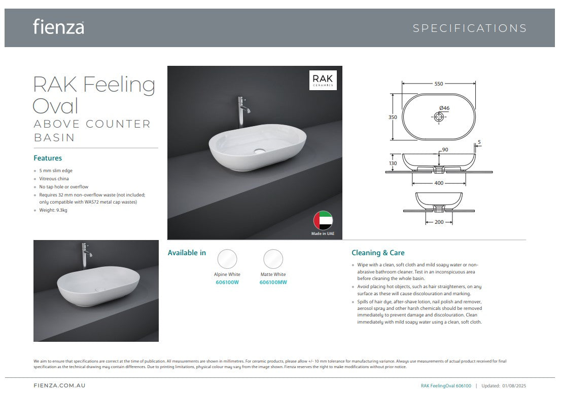 Fienza RAK Feeling Oval Above Counter Basin Matte White