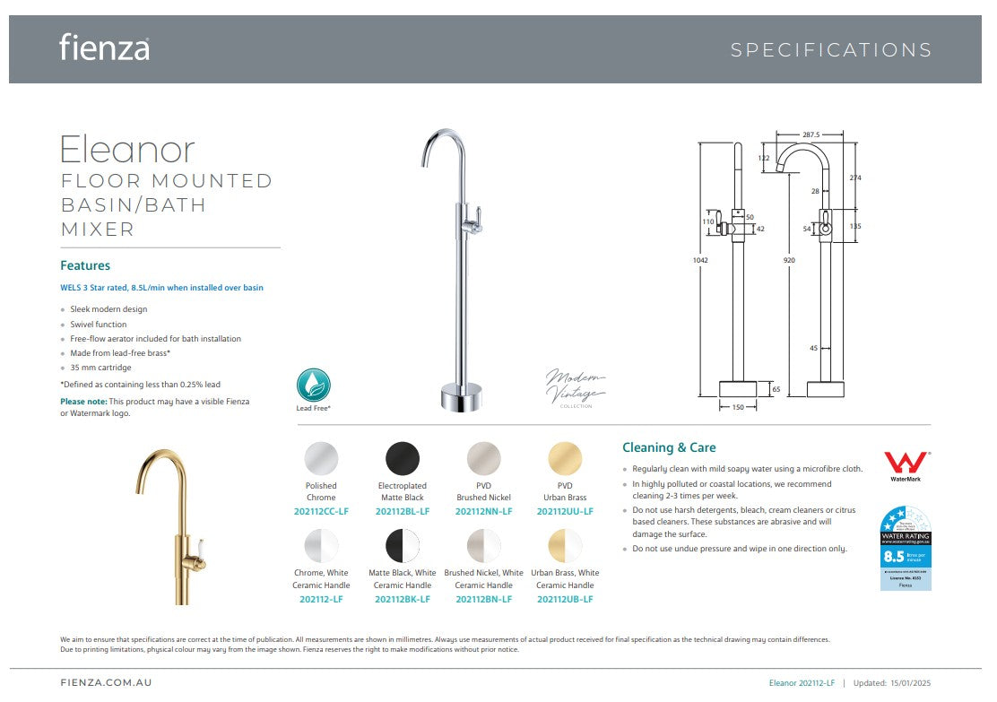 Fienza Eleanor Floor Mounted Basin/Bath Mixer Urban Brass / Ceramic